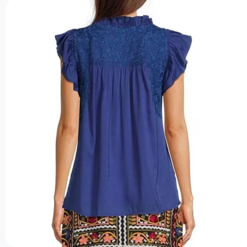 J. Marie Woven Embroidered Ruffled Cap Sleeve Top Size L In Cobalt Blue - Picture 2 of 12